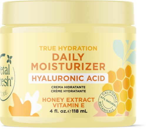 Geel potje met moisturizer met honing, bloemen en tekst over hydratatie, hyaluronzuur, honingextract en vitamine E.