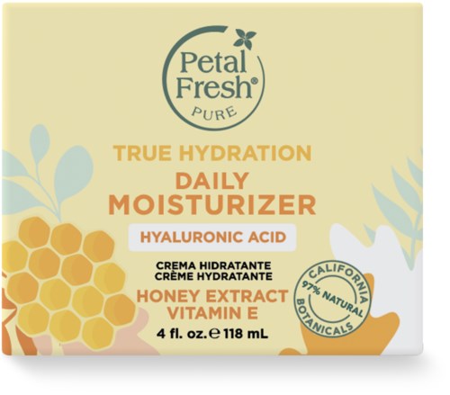 Huidverzorgingslabel met Petal Fresh-logo, aangeeft dat het een dagelijkse moisturizer is met hyaluronzuur, honing en vitamine E.