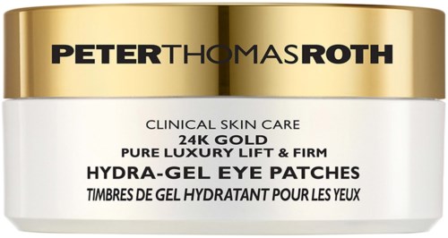 Een pot met goud en wit, bevat Hydra-Gel Eye Patches voor huidverzorging.
