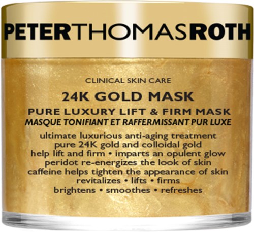 Gold color container with black and white text promoting a luxury gold facial mask for skin firming and rejuvenation.