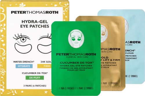 Utvalg av hudpleie øyeplastre i forskjellige farger og emballasje med Peter Thomas Roth-logo og produktnavn.