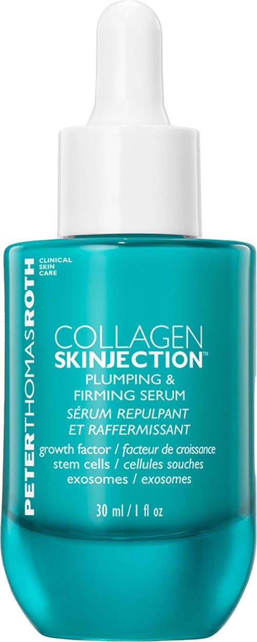 Sininen seerumipullo valkoisella tipalla, merkinnällä Peter Thomas Roth Collagen Skinvention, nuorekkaamman ja kiinteämmän ihon saavuttamiseksi.