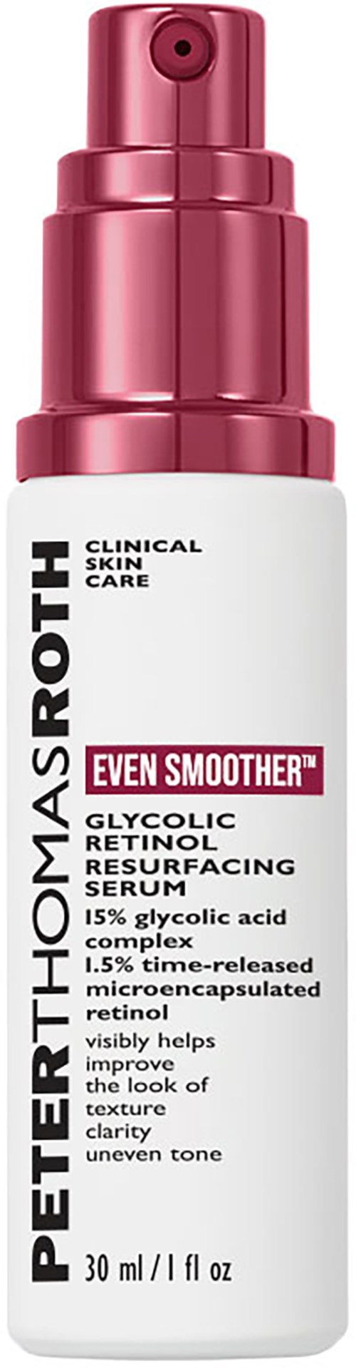 En vit flaska med rosa spraylock, märkt 'Peter Thomas Roth Glycolic Retinol Resurfacing Serum' för hudvård.