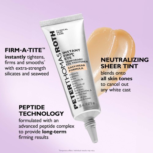 A tube of Peter Thomas Roth eye cream and a pool of sheer tint for skin tone correction.