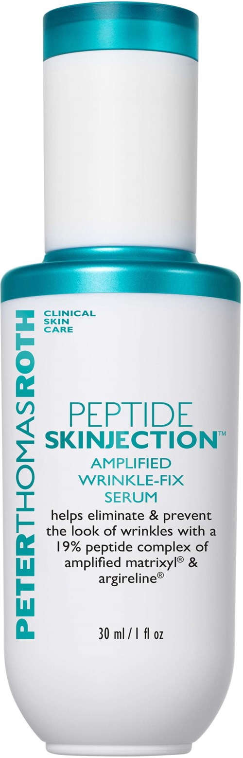 Een witte en turquoise flesje van PetriThromThromb Peptide Skinjection serum voor rimpels, 30 ml.