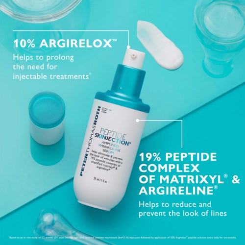 Een huidverzorgingsfles met verticale tekst, toont ingrediënten Argirelox en Peptide Complex om rimpels te verminderen.