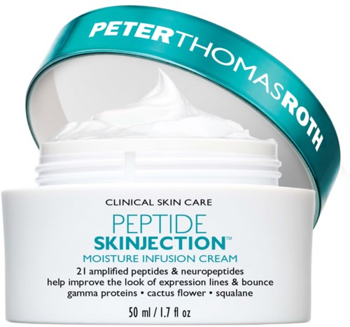 Een potje creme met een teal deksel met de tekst "PETER THOMAS ROTH" en "PEPTIDE SKINJECTION" voor huidverzorging.