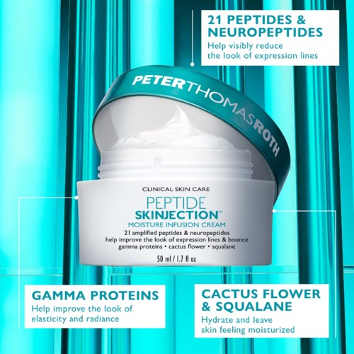 Een witte huidverzorgingscrème in blauwe verpakking met tekst over peptiden, huidvernieuwing en hydraterende cactus bloem.