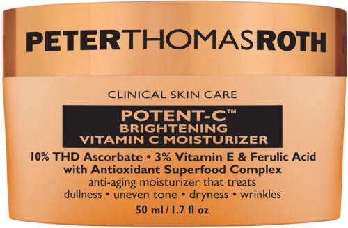 Een huidverzorgingsproduct in een pot met het merk Peter Thomas Roth, Brightening Vitamin C Moisturizer, in beige en zwart.