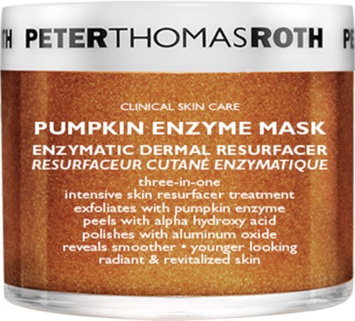 En burk med pumpaenzymmask för ansiktshudvård, med beskrivning av dess fördelar och ingredienser.