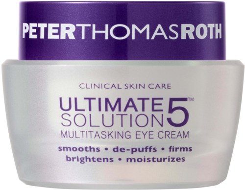 Een potje met Peter Thomas Roth Ultimate 5 Solution Multitasking Oogcrème met paarse deksel en witte container.