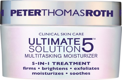 Een potje huidverzorging met paarse en witte label, genaamd Peter Thomas Roth Ultimate Solution 5.
