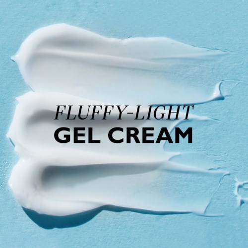 Tekst op een blauwe achtergrond beschrijft een luchtige lichte gelcrème.