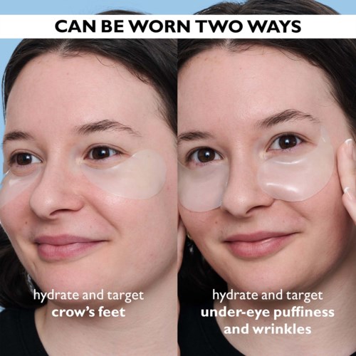 Een vrouw laat twee manieren zien om oogmaskers te dragen, een tegen uitdroging en rimpels, de andere tegen wallen en lijntjes.