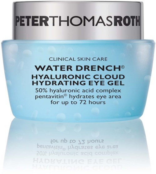 Ein Tiegel mit Peter Thomas Roth Water Drench feuchtigkeitsspendendes Augengel in Blau und Silber, mit Produktdetails.