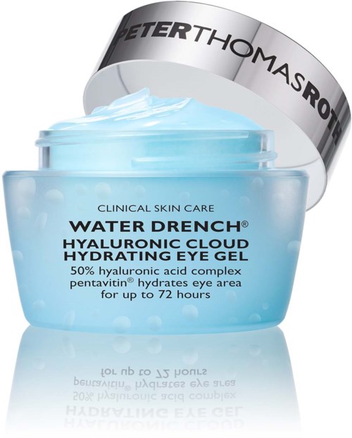 Hellblaue Gel in einem Tiegel, beschriftet als Augenhydratationsgel mit Hyaluronsäure, bleibt bis zu 72 Stunden frisch.