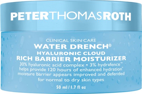 Blauwe pot met markering Peter Thomas Roth Water Drench Hydrating Cloud met hyaluronzuur. Biedt 120 uur hydratatie.