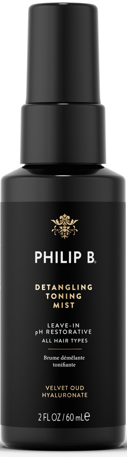 Czarna butelka z rozpylaczem oznaczona 'Philip B. Detangling Toning Mist' dla wszystkich rodzajów włosów z kwasem hialuronowym.