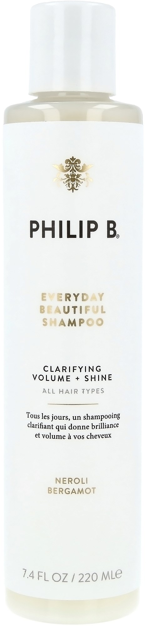 Shampoo-Flasche mit Beschriftung 'Philip B. EveryDay Beautiful Shampoo' mit Düften von Neroli und Bergamotte, für Volumen und Glanz.