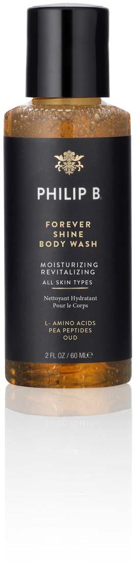 Zwarte fles met goud en witte tekst voor Philip B Forever Shine Body Wash. Bevat hydraterende ingrediënten, zwarte dop.