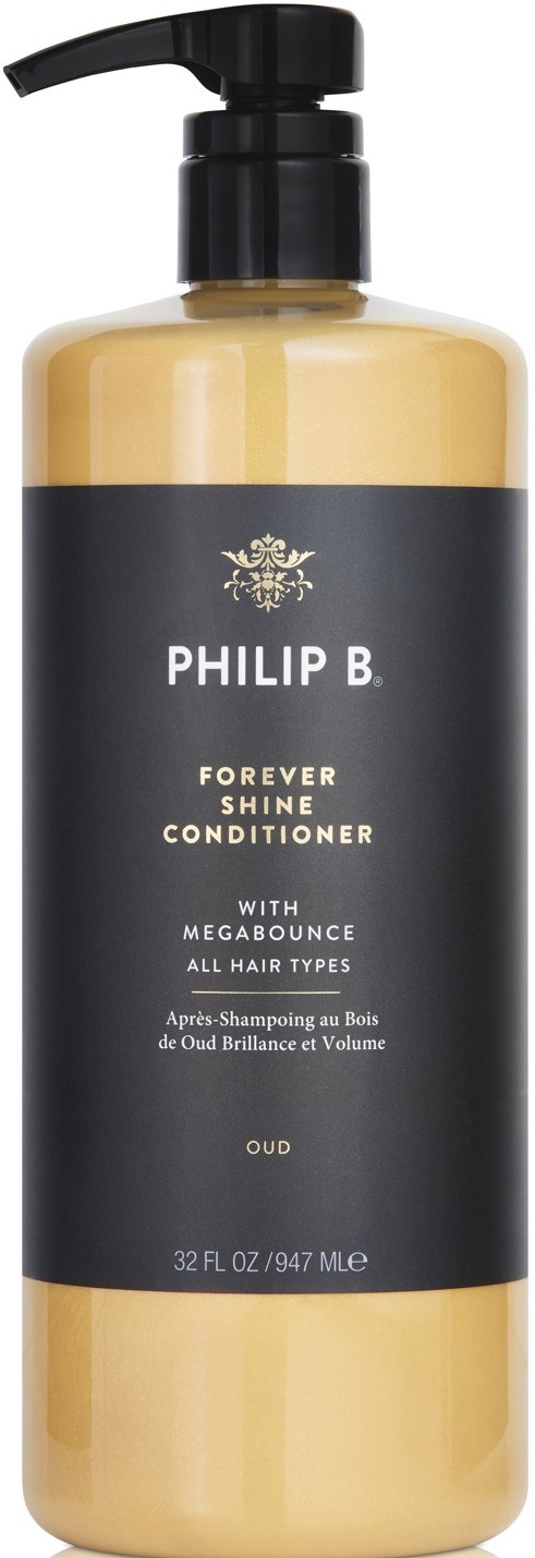 Shampoonipullo, jossa musta korkki ja musta ja kultainen etiketti Philip B. Forever Shine Conditioner.