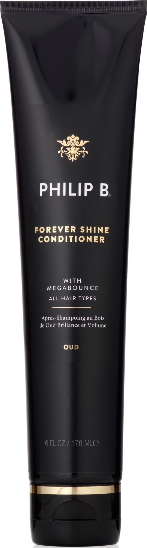Musta putkilo Philip B. Forever Shine Conditioner, jossa on kultainen ja valkoinen teksti, korostaen hiusten kiiltoa.
