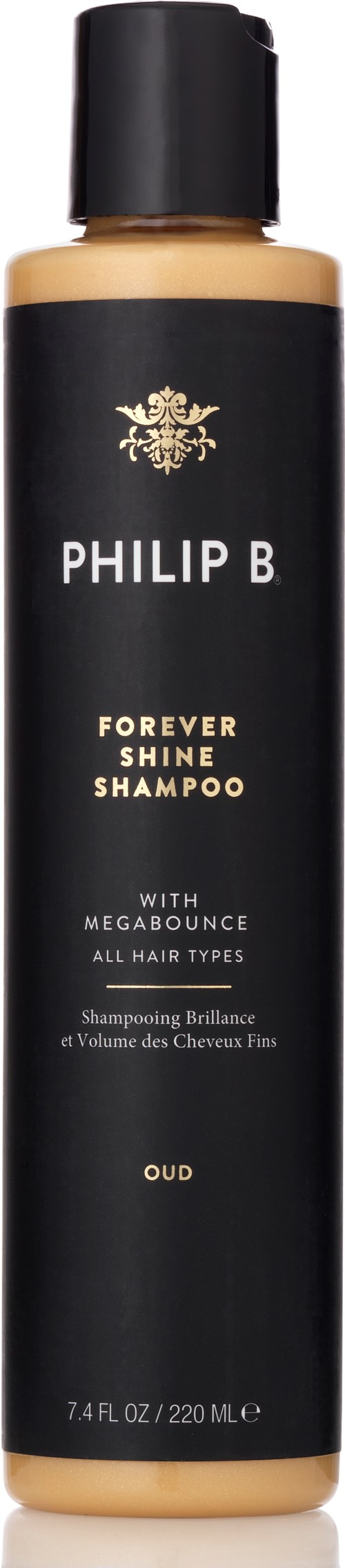 Eine lange schwarze Flasche mit goldener und weißer Schrift, gekennzeichnet Philipp B Forever Shine Shampoo für alle Haartypen.