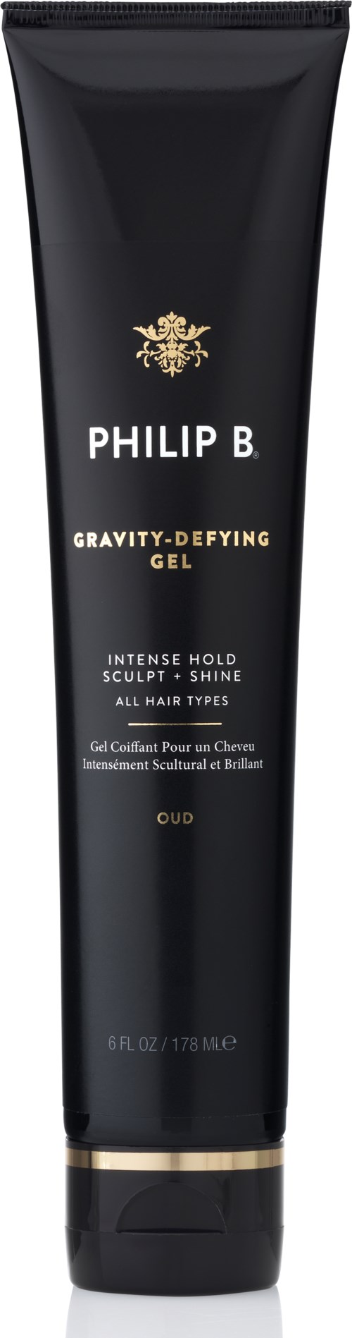 En svart tub med Philip B Gravity-Defying Gel, avsedd att ge stadga, glans och passar alla hårtyper.