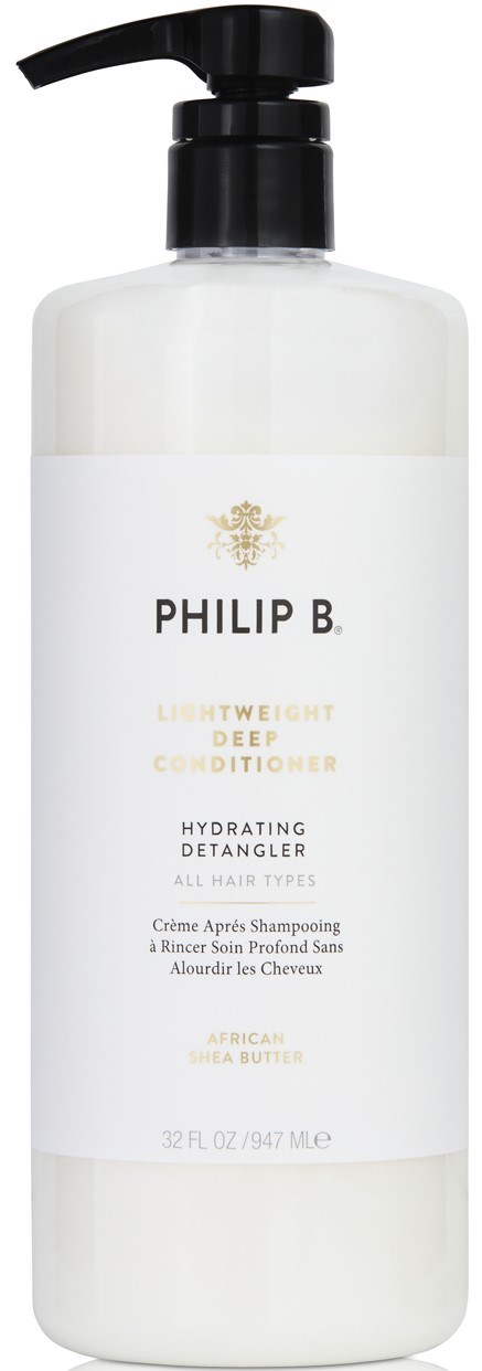 Eine weiße Flasche mit schwarzem Pumpkopf, beschriftet mit goldener und schwarzer Schrift für Philip B. leichter tiefenhydrations-Detangler.