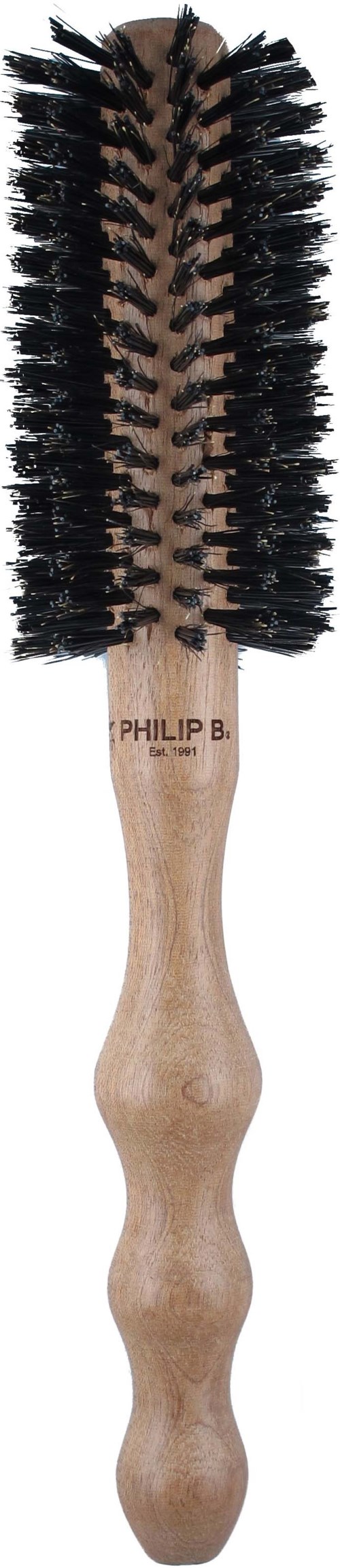 A wooden hairbrush with black bristles, labeled 'PHILIP B.', and a handle with three rounded bumps.