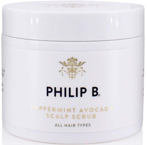 Ein weißer Behälter mit der Beschriftung 'Philip B Peppermint Avocado Scalp Scrub' für alle Haartypen.