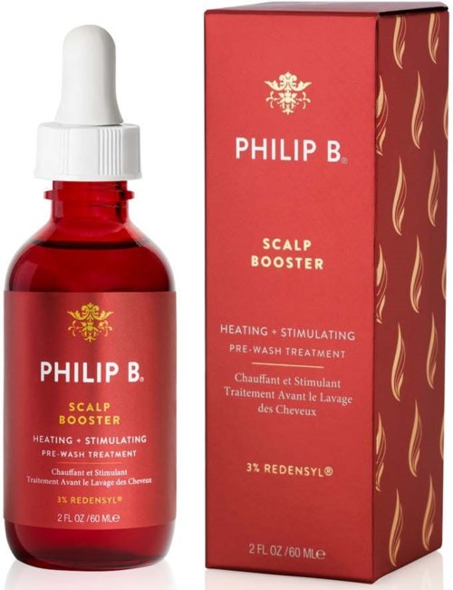 Rote Flasche mit Tropfer und passender Verpackung für ein Kopfhaut-Boosting-Produkt. Der Text weist auf Wärme- und Stimulationseffekt hin.