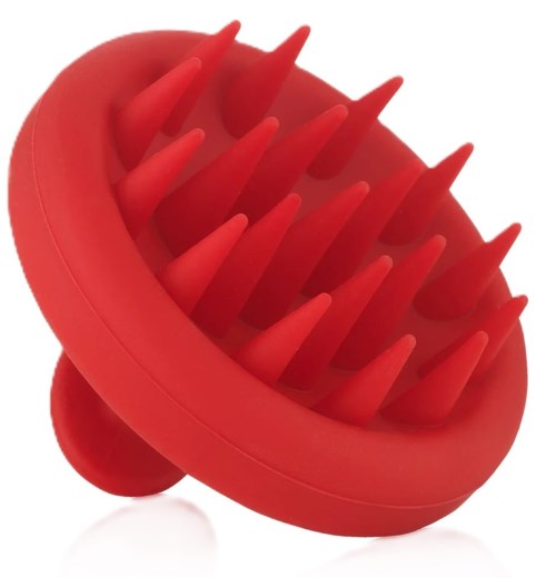 Ein rotes Massagegerät mit vielen kleinen, flexiblen Stacheln zur Muskelstimulation.