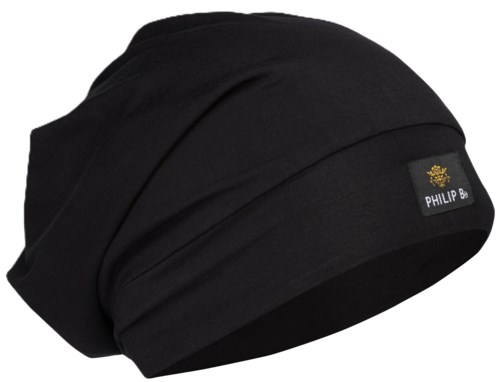 En svart lue med en liten logo som sier 'PHILIP B' og en gul design.