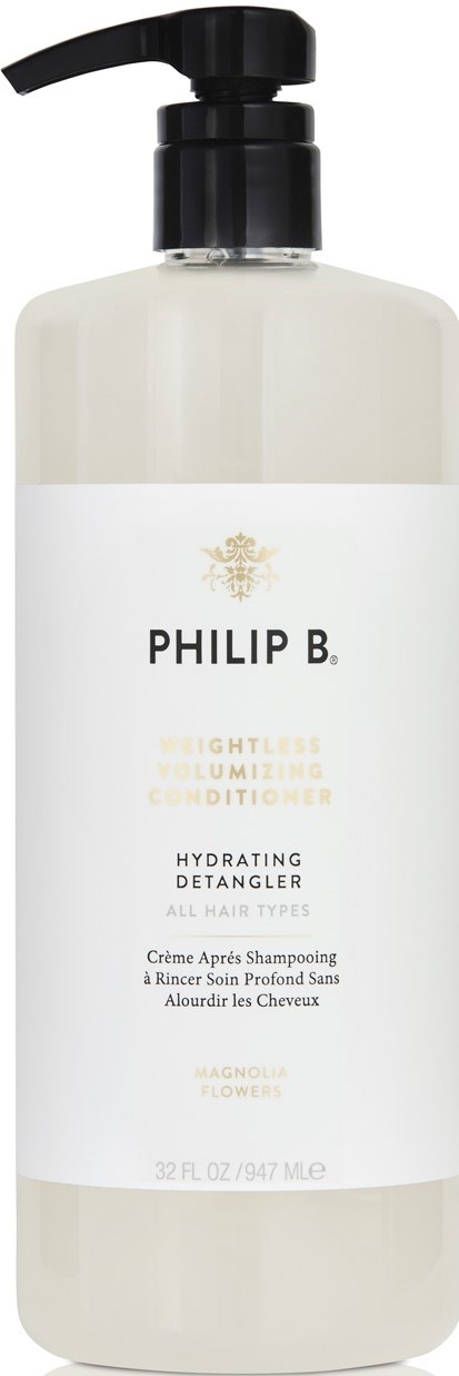 Eine weiße Flasche mit schwarzem Pumphahn, beschriftet Philip B. und feuchtigkeitsspendender Leave-in-Balsam für alle Haartypen.