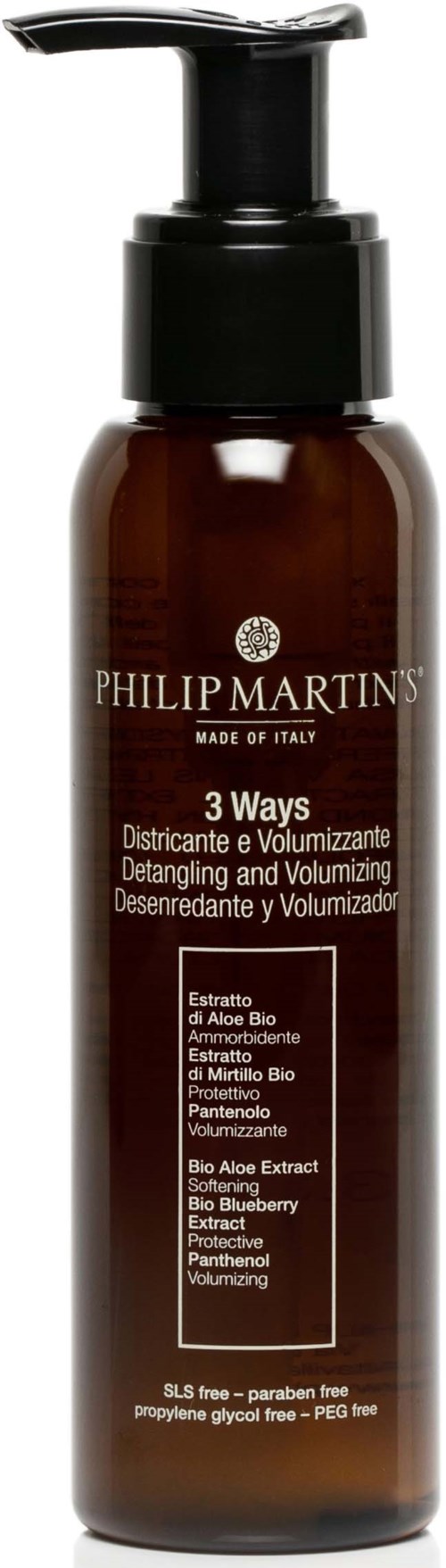 A brown bottle with a black pump, labeled 'Philip Martins' and '3 Ways' for hair detangling and volume.