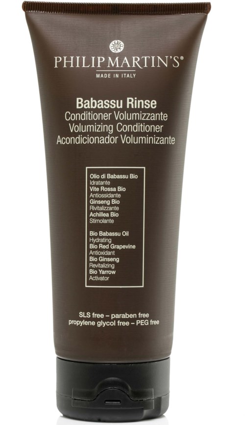 A brown tube of Philip Martin's Babassu Rinse conditioner with a flip cap. It has white and black text on the front.