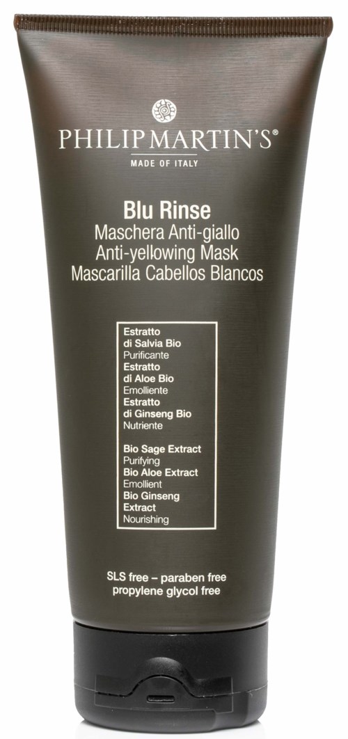 A gray tube with white text for a hair extension mask named Blu Rinse, containing natural extracts like sage and aloe.