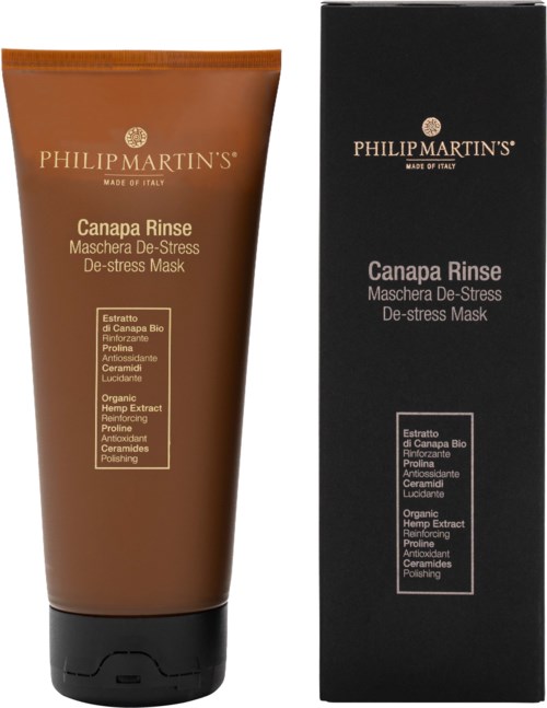 A brown tube and a black box display Philip Martin's Canapa Rinse De-stress Mask with Italian branding and product details.