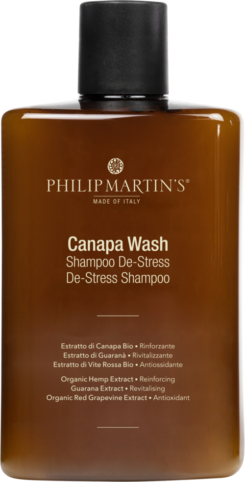 En brun flaske med svart lokk, merket Philip Martin's Canapa Wash, et stressavlastende sjampo med planteekstrakter.