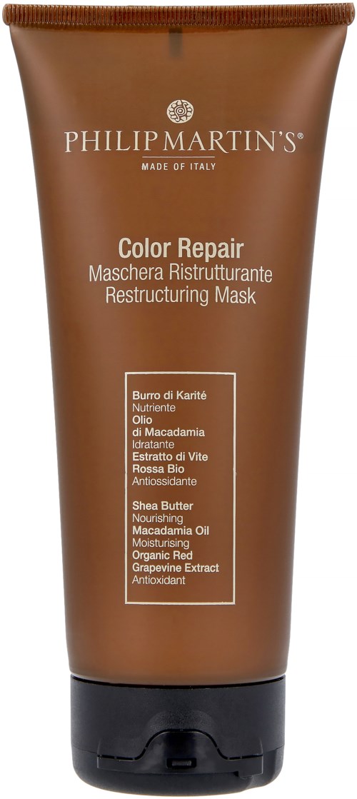 A brown tube of Philip Martin's Color Repair mask with white text detailing ingredients and benefits.