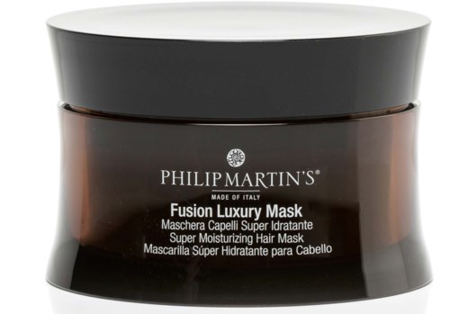 A dark-colored jar with a white cap, labeled as Philip Martin's Fusion Luxury Mask for hair.
