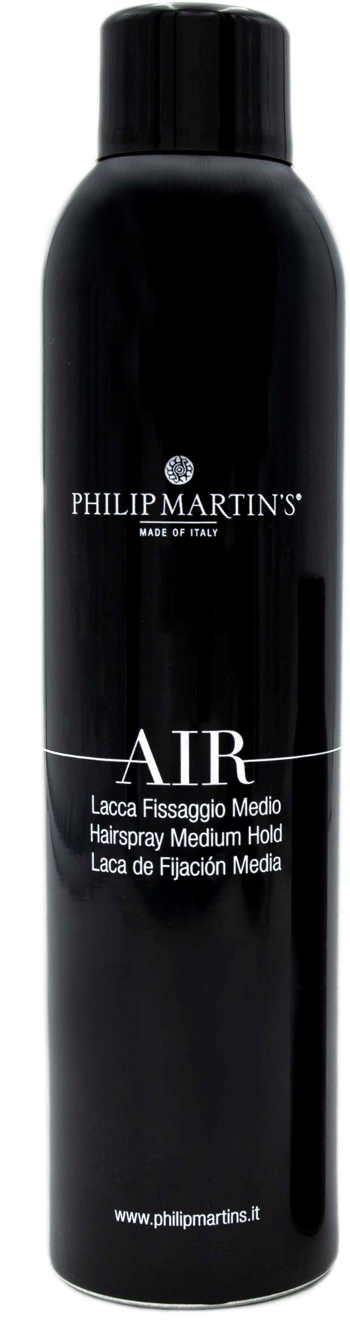 A black can of Philip Martin's Air medium hold hairspray with a simple label.
