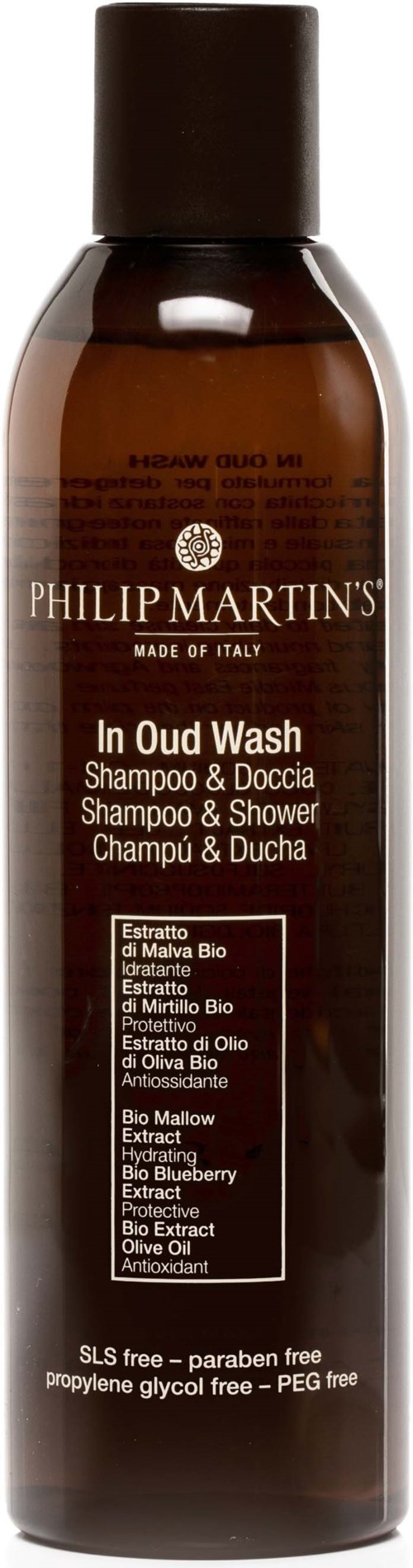 A brown bottle with a black cap containing shampoo and shower wash from Philip Martin's, made in Italy.