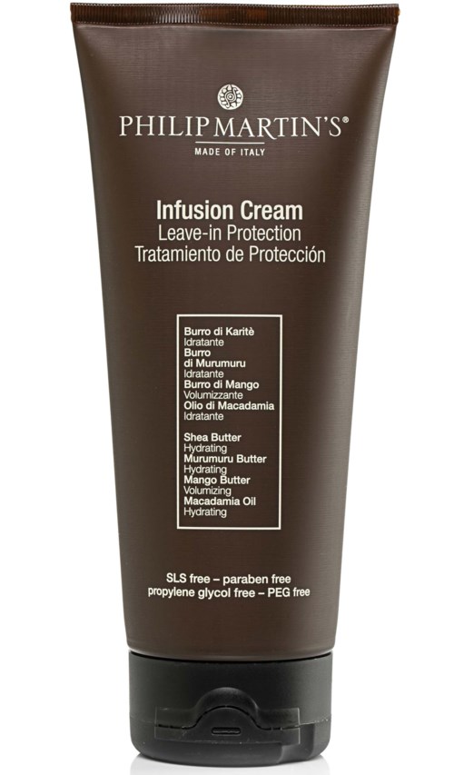 A brown tube of Philip Martin's Infusion Cream for leave-in protection, containing Shea Butter, Macadamia Oil, and Mango Butter.