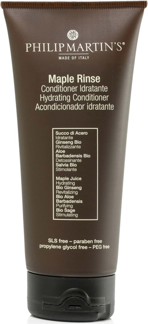 The bottle is brown with white text, labeled as Philip Martin's Maple Rinse Hydrating Conditioner. It lists natural ingredients like maple juice and ginseng.