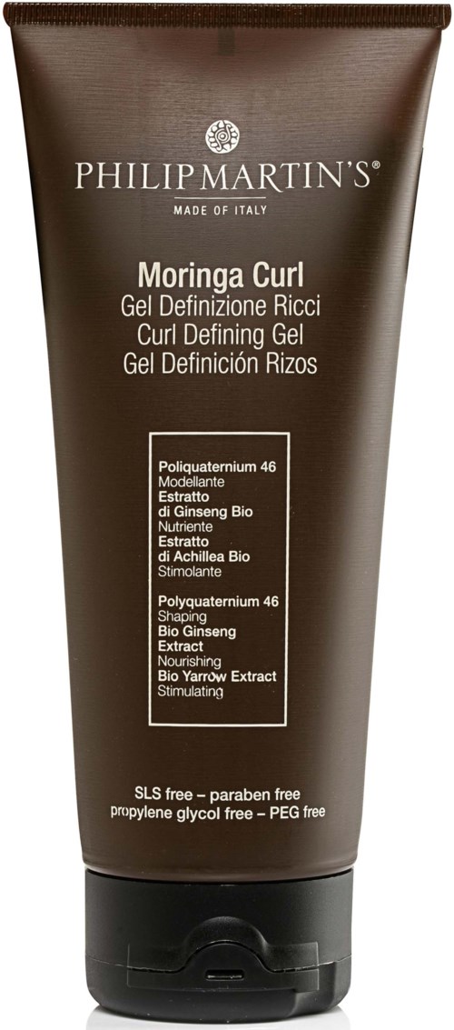 A brown tube of hair gel with white text, stating it is Moringa Curl Gel by Philip Martin's.