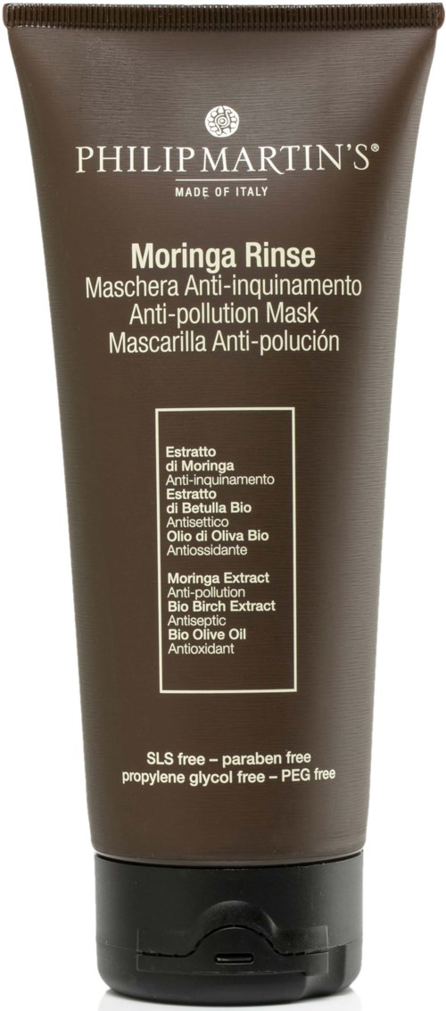 A brown tube of Philip Martin's Moringa Rinse anti-pollution mask with ingredients listed on the front.