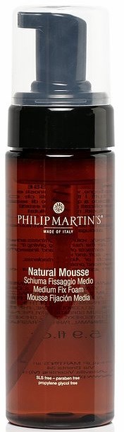 A brown bottle with a black pump, labeled 'Philip Martin's Natural Mousse' for medium fix foam.