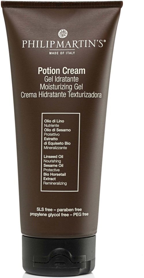 Brown tube labeled 'Potion Cream' contains nourishing moisturizing gel with natural ingredients. It is paraben and sulfate free.